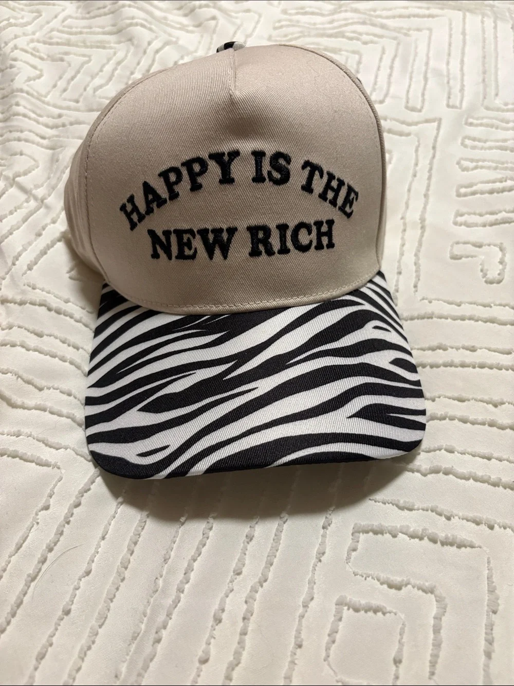 Beige and Black Zebra Print Cap - Happy Is The New Rich NWOT